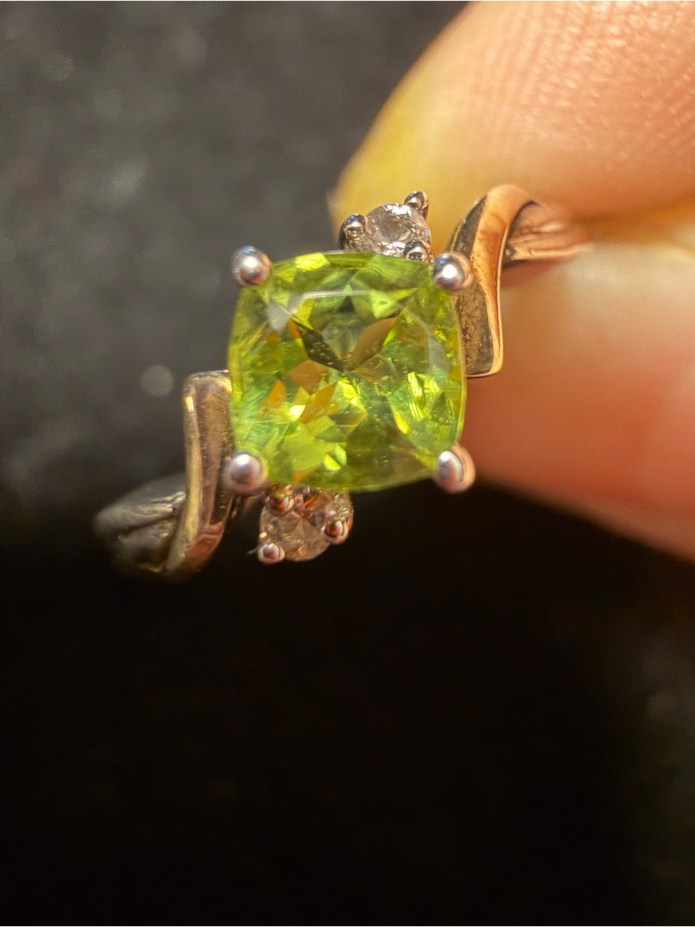 Fine 925 Silver & 14K Gold Cushion Cut Peridot Swirl Ring - Sz 7
